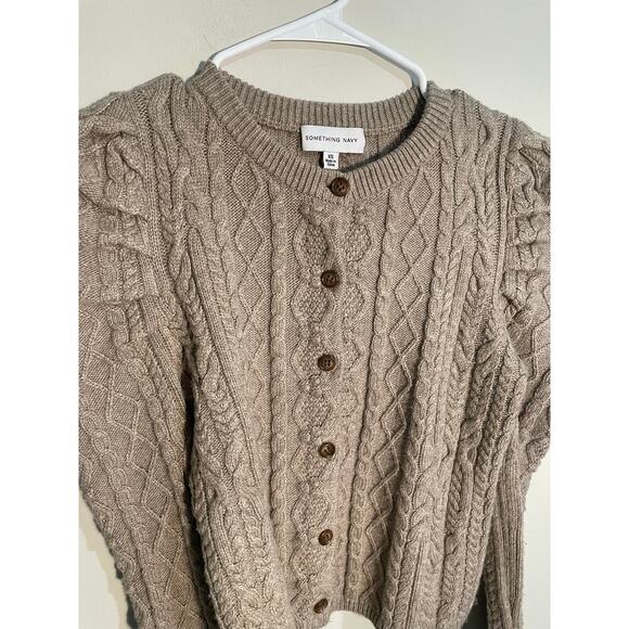 Something Navy Charlie Puff Sleeve Cable Knit Cardigan in Oatmeal Color - Picture 4 of 12